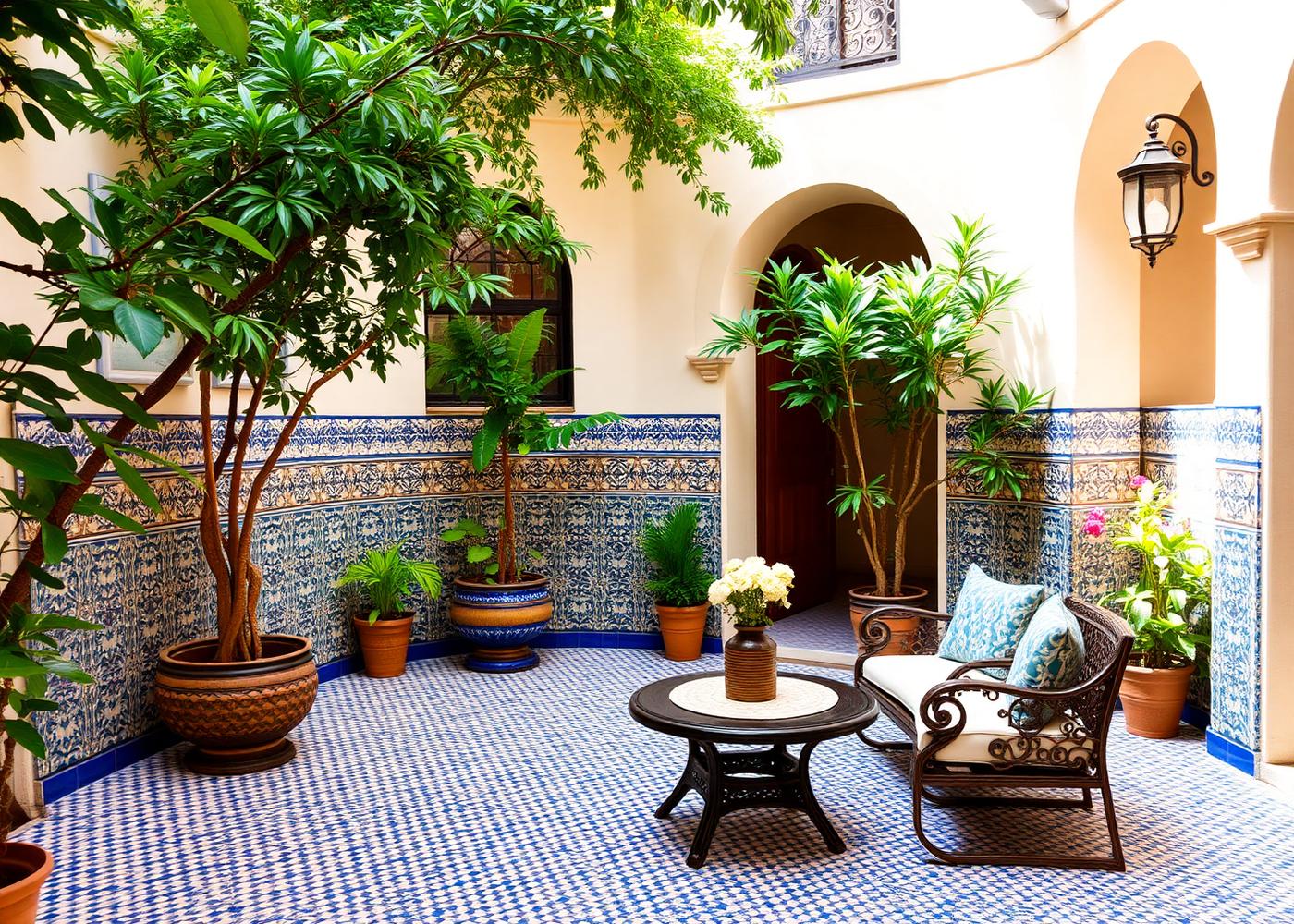 Moroccan-tiled courtyard at The Broome