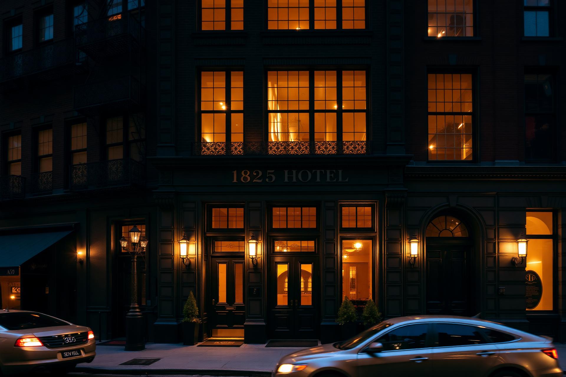 The Broome Hotel façade in SoHo at dusk